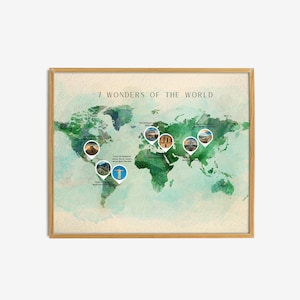 7 wereldwonderen kunst aan de muur, poster zeven wereldwonderen, wereldkaart kunst aan de muur, decor wereldavonturenkaart, geografie geschiedenis klas decoratie