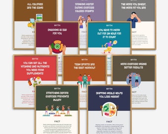 Fitness Myths and Facts, Health Office Print Bundle,PE Class Health Prints, School Nurse Office Prints Display, Classroom Health Decoration
