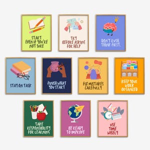 May include: A collection of ten framed art prints with motivational quotes and illustrations. The prints feature colorful backgrounds and text such as "Start Even If You're Not Sure" and "Stay on Task". The art is designed for educational or home decor.