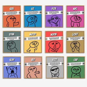 Puede incluir: Una colección de doce impresiones artísticas enmarcadas, cada una con una figura de dibujos animados con una expresión diferente y un término de jerga como "SUS" o "FLEX". Las impresiones tienen fondos coloridos y están dispuestas en una cuadrícula.