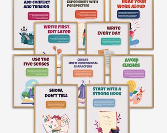 Consejos de escritura creativa: carteles literarios, guía de escritura, arte mural literario en inglés, ayuda para escribir, decoración de aulas de inglés de secundaria.