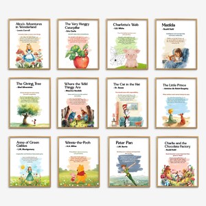 May include: A collection of twelve framed art prints featuring illustrations and text from classic children's books, including "Alice's Adventures in Wonderland," "The Very Hungry Caterpillar," and "Charlotte's Web." The prints have a light wood frame and are arranged in a grid.