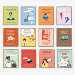 May include: A set of framed educational posters with vibrant backgrounds. Each poster contains text and illustrations related to grammar, punctuation, and wordplay. The posters are arranged in a grid, ideal for a classroom or home study.