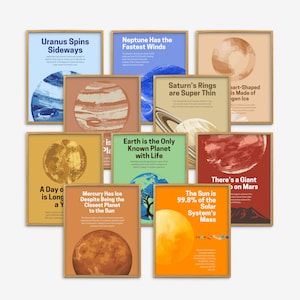May include: A set of 10 colorful posters with illustrations of planets and facts about them. The posters have a vintage aesthetic and are framed in wood.