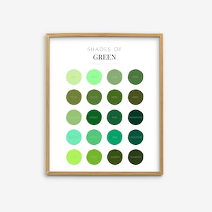 May include: A printable poster with the title "Shades of Green" and a grid of 18 circles, each filled with a different shade of green. The names of each shade are listed below the circles, including "Tea", "Olive", "Forest", "Jade", and "Seaweed".