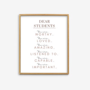Arte murale con affermazione "Cari studenti", decorazione per aula boho, poster con affermazione scolastica, parole di affermazione, decorazione murale boho per classe