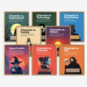 Può includere: Nove stampe artistiche incorniciate con cornici in legno. Ogni stampa presenta un titolo diverso: "Character vs. Supernatural", "Character vs. Technology", "Character vs. Fate/Destiny", "Character vs. Society", "Character vs. Nature", "Types of Conflict", "Character vs. Character" e "Character vs. Self."