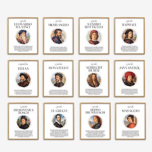 Pode incluir: Um conjunto de doze impressões artísticas emolduradas com retratos de artistas do Renascimento, incluindo Leonardo da Vinci, Michelangelo e Rafael. Cada impressão exibe o nome do artista, datas de vida e um breve resumo biográfico.