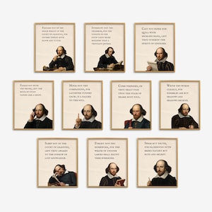 May include: Ten framed prints displaying quotes attributed to William Shakespeare. Each print has a light background with black text and a portrait of Shakespeare. The frames are a light brown colour.