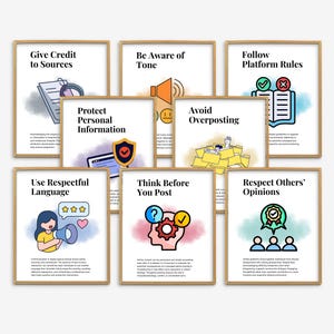 May include: A collection of framed posters with educational illustrations and text. The posters include phrases like "Give Credit to Sources," "Be Aware of Tone," and "Follow Platform Rules." The artwork features colorful graphics and simple designs.
