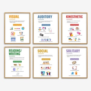 May include: A set of six colorful posters with illustrations and text describing different learning styles: Visual, Auditory, Kinesthetic, Reading/Writing, Social, and Solitary. Each poster includes a list of learning hacks for each style.