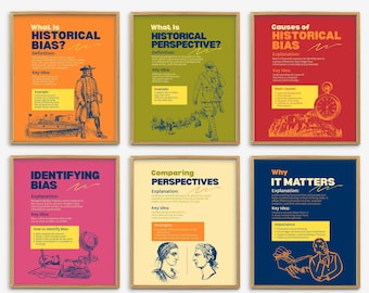 May include: A set of six educational posters with wooden frames, each featuring distinct colors and historical illustrations. The posters contain text explaining historical concepts such as bias, perspective, and why these topics matter in history.