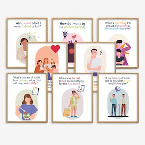 Könnte beinhalten: Neun bunte Karten mit zum Nachdenken anregenden Fragen, die Ihnen helfen, über Ihr Leben nachzudenken. Die Karten zeigen Illustrationen von Menschen und Objekten.