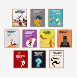 May include: A collection of framed art prints with thought-provoking questions and statements. Each print features a unique design and color scheme, with text such as "What makes a person truly happy?" and "Is failure more useful than success?"