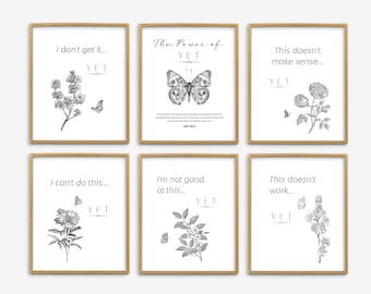 Power of Yet Posters Set of 6, Growth Mindset Digital Download, Botanical Minimalist Art, Motivational Classroom Decor, Flowers Line Art