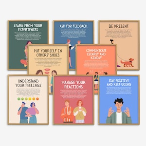May include: Nine framed posters with motivational messages. The posters have a wooden frame and feature colorful backgrounds with illustrations and text. Messages include "Learn From Your Experiences" and "Stay Positive and Keep Going."