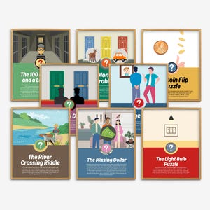 May include: Nine colorful posters with illustrations and text. Each poster features a different brain teaser or riddle. The posters are titled "The 100 and a Lie", "The River Crossing Riddle", "The Missing Dollar", "The Light Bulb Puzzle", "Monkeys and Robbers", "Coin Flip Puzzle", "The Door Problem", "The Missing Dollar", and "The Light Bulb Puzzle".