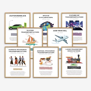 May include: A colourful infographic poster set illustrating the history of transportation. The posters feature various modes of transportation, including automobiles, water transportation, air travel, space exploration, animal-powered transportation, land transport innovations, and human-powered transportation. Each poster includes a brief description of the mode of transportation and its historical significance.
