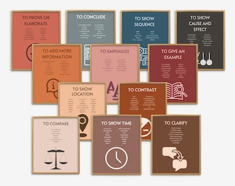 Transition Words and Phrases Posters Set of 12, Modern English Classroom Decor, High school, Middle School Wall Art, Writing Classroom Decor