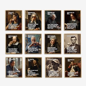 May include: A set of twelve framed art prints featuring portraits of historical figures like Cleopatra, Einstein, and Shakespeare, each with humorous modern slang captions. The prints are arranged in a grid.