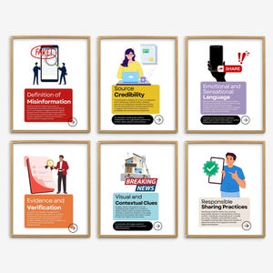 May include: Six framed educational posters with wooden frames. The posters cover topics like misinformation, source credibility, and responsible sharing practices. Each poster has a title, illustrations, and text. The RadTutorGallery logo is at the bottom.