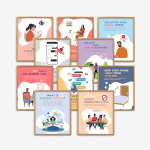 K&ouml;nnte beinhalten: Eine Sammlung von gerahmten Postern mit Holzrahmen, die jeweils Illustrationen und Texte zum Thema Digital Detox und Reduzierung der Bildschirmzeit zeigen. Die Poster haben eine Vielzahl von Farben und Designs, mit S&auml;tzen wie "Declutter Your Digital Space".