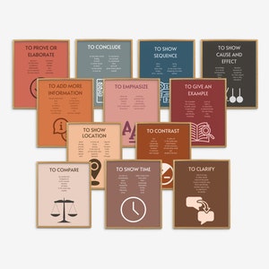 Lot de 12 affiches de mots et expressions de transition, décoration de salle de classe d&#39;anglais moderne, école secondaire, art mural collège, décoration de salle de classe d&#39;écriture