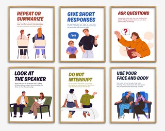 Posters med tips om aktivt lyssnande, posters med samtal, tips och tekniker för talförbättring, dekorationer för klassrum med talfärdigheter