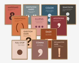 Punctuation English Classroom Posters Set of 12,  Boho Classroom Decor, English Classroom Decor, Punctuation Educational Posters Bundle
