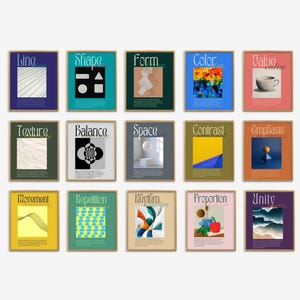 Könnte beinhalten: Eine Sammlung gerahmter Kunstdrucke mit Designprinzipien. Jeder Druck hat einen Holzrahmen und einen farbigen Hintergrund mit Text wie „Linie“, „Form“ und „Farbe“. Die Drucke zeigen verschiedene grafische Elemente und Illustrationen.