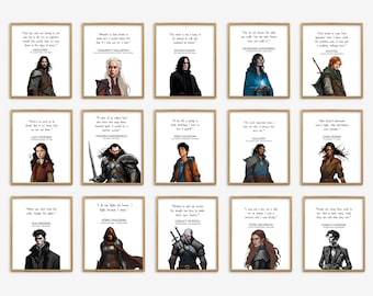 Personajes de libros de fantasía populares, citas icónicas, carteles literarios, grabados literarios, libros para adultos jóvenes, decoración de aulas de inglés de secundaria