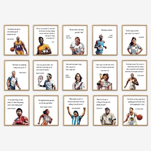 May include: A collage of 16 motivational quotes from famous athletes, each featuring a portrait of the athlete and their quote in a white box with a gold border. The quotes are about perseverance, hard work, and success.