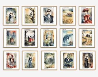 May include: A collection of 15 watercolor paintings of book covers. Each painting is framed in a gold frame and features a different classic novel, including Pride and Prejudice, Wuthering Heights, The Great Gatsby, Moby Dick, and Jane Eyre.