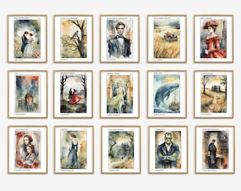 Popular Books Cover Watercolor, Classic Literature Posters, Bookish Literary Prints, Contemporary Novel, High School English Classroom Decor