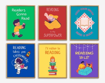 Set of 6 Kids Prints, Read Wall Art, Playroom Printables, Kids Room Decor, Toddler Wall Art, Nursery Decor, Homeschool Poster, Read Corner