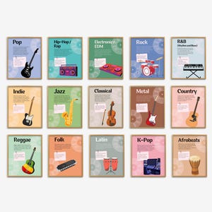 May include: A series of framed posters illustrating various music genres. Genres include Pop, Hip-Hop/Rap, Electronic/EDM, Rock, R&B, Indie, Jazz, Classical, Metal, Country, Reggae, Folk, Latin, K-Pop, and Afrobeats. Each poster features related instruments.