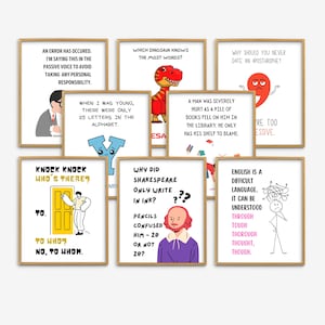 Memes de sala de aula de inglês, pôster engraçado de gramática em inglês, decoração de sala de aula de inglês, pôsteres de trocadilhos de gramática, piadas engraçadas de pontuação em inglês