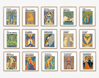 Puede incluir: Un conjunto de 15 pósters ilustrados de estilo vintage que representan la mitología y las leyendas griegas. Cada póster tiene un diseño único con un fondo colorido y una imagen central. Los pósters están enmarcados en dorado y tienen un fondo blanco.