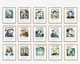 May include: A set of 15 printable posters featuring illustrations of famous scientists, including Albert Einstein, Isaac Newton, Marie Curie, Charles Darwin, Nikola Tesla, Galileo Galilei, Thomas Edison, Rosalind Franklin, Stephen Hawking, Louis Pasteur, Johannes Kepler, Michael Faraday, Alexander Fleming, Gregor Mendel, and James Clerk Maxwell. Each poster includes the scientist's name, dates of birth and death, and a brief description of their contributions to science.