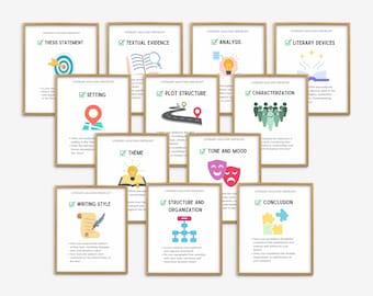 May include: A set of 12 printable literary analysis checklists for students. Each checklist features a colorful illustration and a checklist of key literary elements to consider when analyzing a text. The elements include thesis statement, textual evidence, analysis, literary devices, setting, plot structure, characterization, theme, tone and mood, writing style, structure and organization, and conclusion.