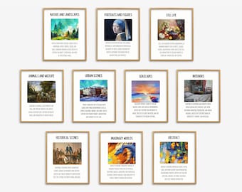 Poster per aule d'arte, set da 10, stampe di generi di soggetti di pittura, pacchetto di decorazioni per aule, lavagne per insegnanti d'arte stampabili, lezioni d'arte