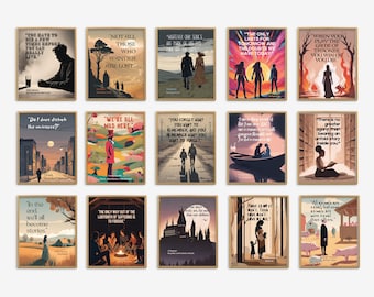Personajes de libros populares, citas icónicas, pósteres literarios, láminas literarias clásicas, libros para jóvenes adultos, decoración para aulas de inglés de secundaria.