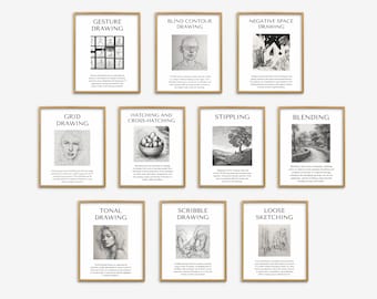 Drawing Techniques Sets of 10, Classroom Decor Bundle, Elements of Art Posters, Art Teacher Bulletin Board, Teacher Printable, Art Class