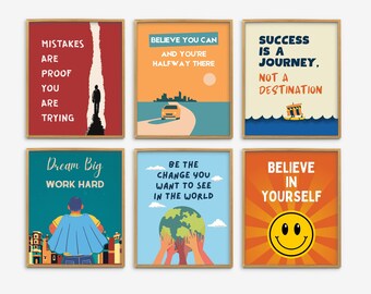 Fun Growth Mindset Classroom Poster Set of 6, Groovy Classroom Decor, Inspirational Poster Bundle, Inclusion Posters, Motivational Prints