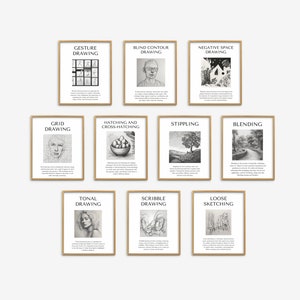 Drawing Techniques Sets of 10, Classroom Decor Bundle, Elements of Art Posters, Art Teacher Bulletin Board, Teacher Printable, Art Class