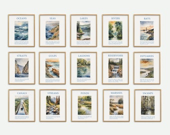 May include: A set of 15 watercolor illustrations depicting different types of bodies of water, including oceans, seas, lakes, rivers, bays, straits, gulfs, lagoons, reservoirs, estuaries, canals, streams, ponds, marshes, and swamps. Each illustration is framed in a light brown frame and features a watercolor painting of the body of water with a blue text label at the top.