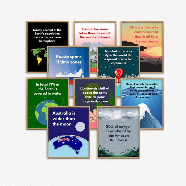 Set von 10 Geographie Fun Facts Poster, World Geographie Klassenzimmer Dekor für die Mittelstufe, Sozialkunde Lernposter Kunstdrucke