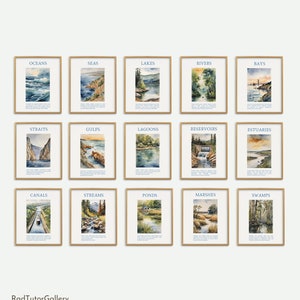 Bodies of Water Posters, Natural Features Geography Classroom Decor for Middle High School, Social Studies Educational Posters Art Prints