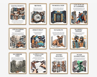 May include: A set of 12 printable writing prompts for creative writing exercises. Each prompt features a colorful illustration and a short description. The prompts include topics such as time travel, a magical door, a day in the life of a superhero, lost in a foreign country, dream to reality, the talking pet, the unlikely friendship, the forbidden forest, a letter to your future self, the robot revolution, and the alien exchange student.