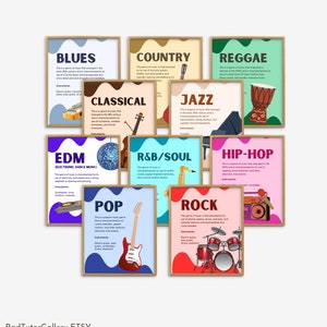 Musikgenres 10er Set, Galerie Wandkunst, Musikklassenzimmer Poster, Musik Poster Wanddekoration, Musiklehrer Klassenzimmer Dekor, Musikzimmer Poster
